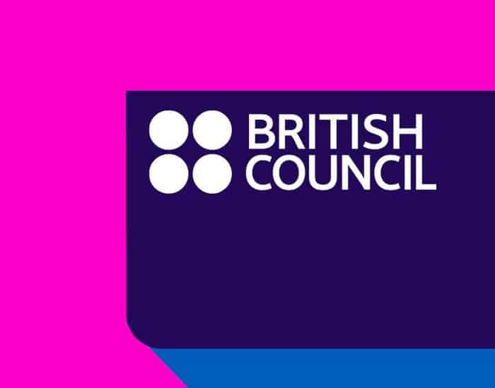 British Council logo with four white circles on a dark blue background.