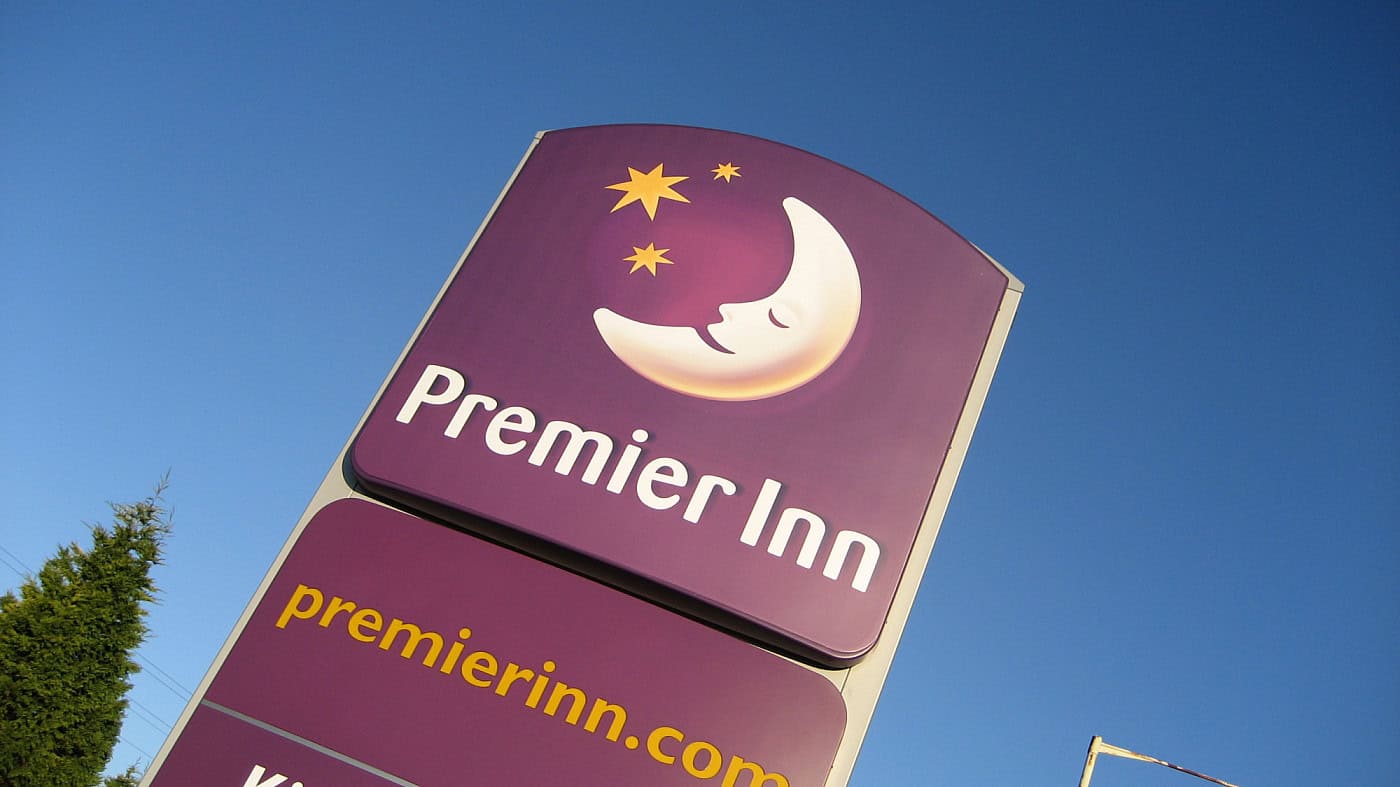 Premier Inn hotel sign featuring moon and stars in Hitchin, UK.