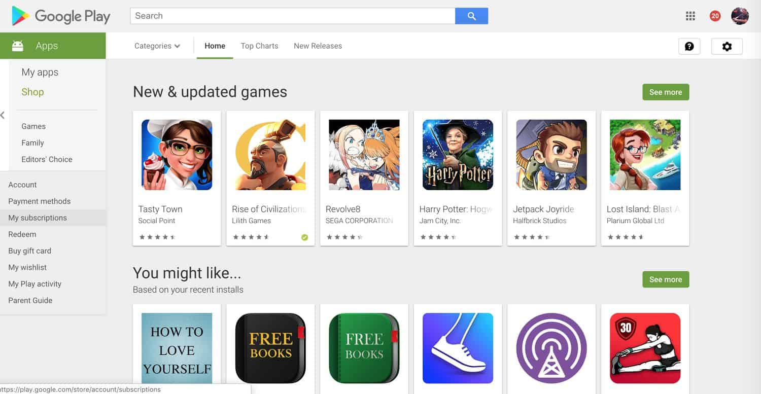 Google Play app interface showcasing new game releases and recommendations.
