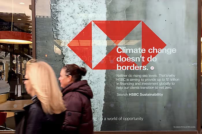 HSBC climate change message on storefront window in Hitchin.