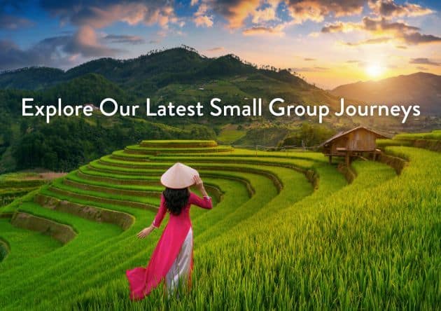 Woman in traditional dress walking through lush green terraced fields at sunset.