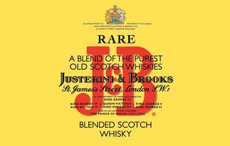 Vintage J&B Scotch Whisky label with classic design and branding.
