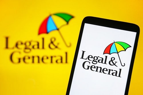 Legal and General logo displayed on a smartphone screen with colourful umbrella.