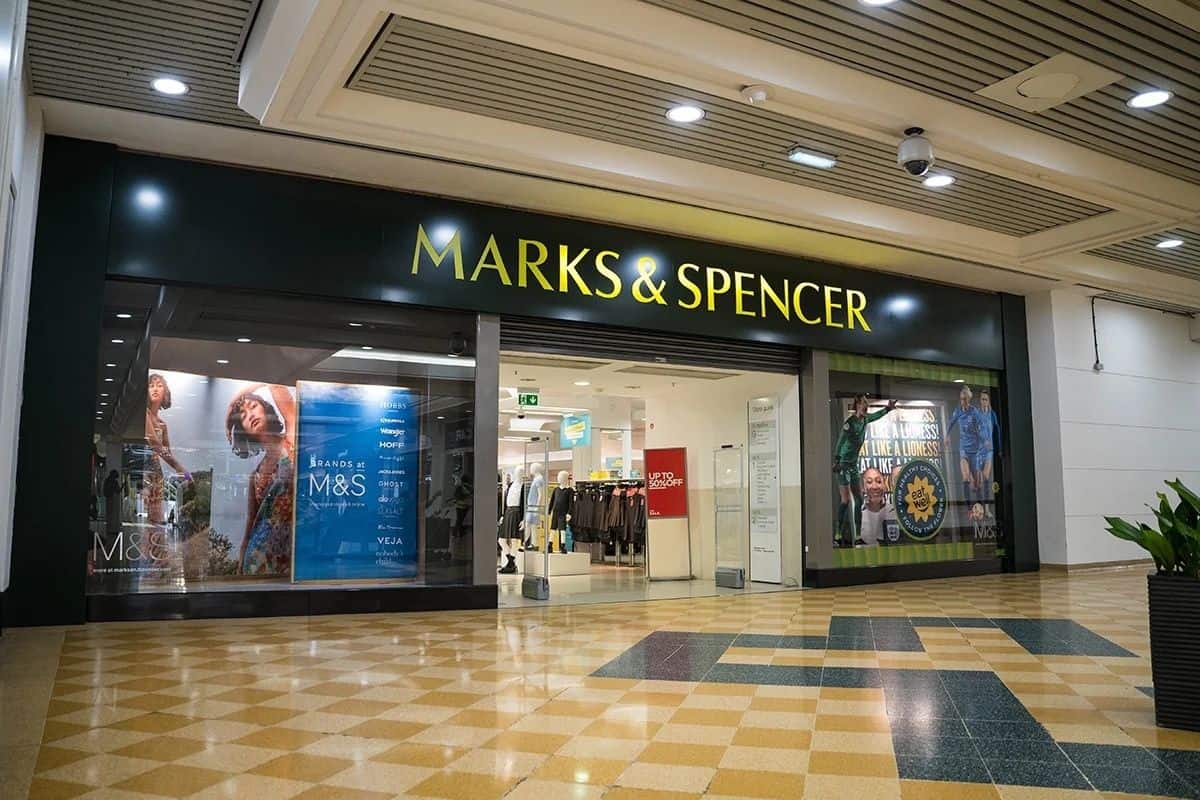 Exterior view of Marks & Spencer retail store in a shopping mall.