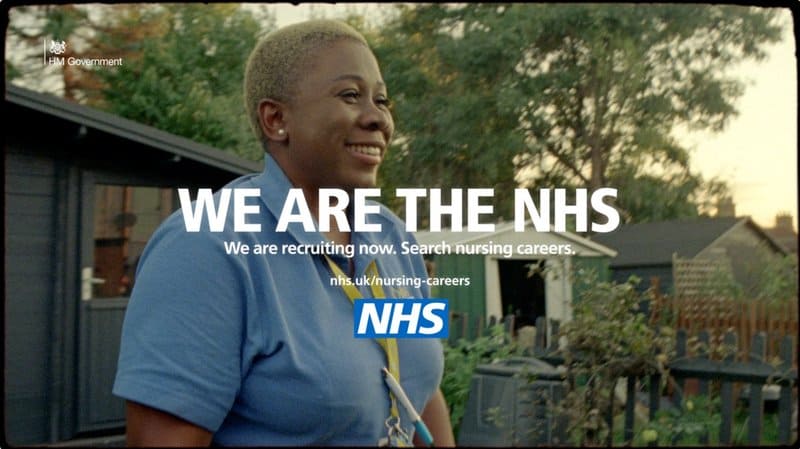 Smiling nurse outdoors promoting NHS nursing careers in the UK.