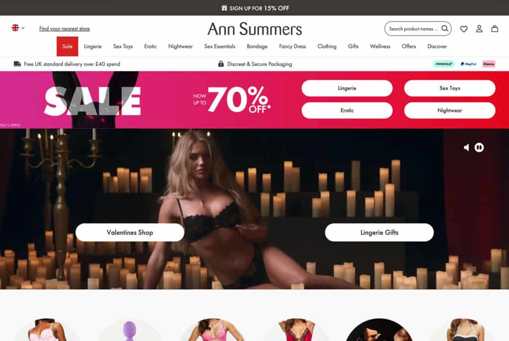 Ann Summers lingerie sale with up to 70% off, featuring sexy lingerie and gifts.