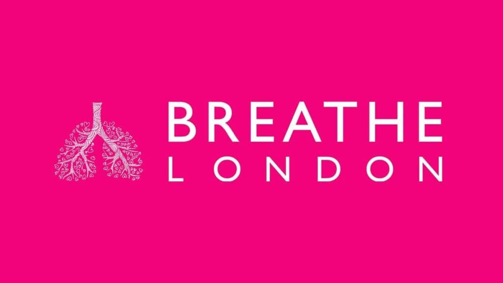 Breathe London logo with lungs illustration on pink background.