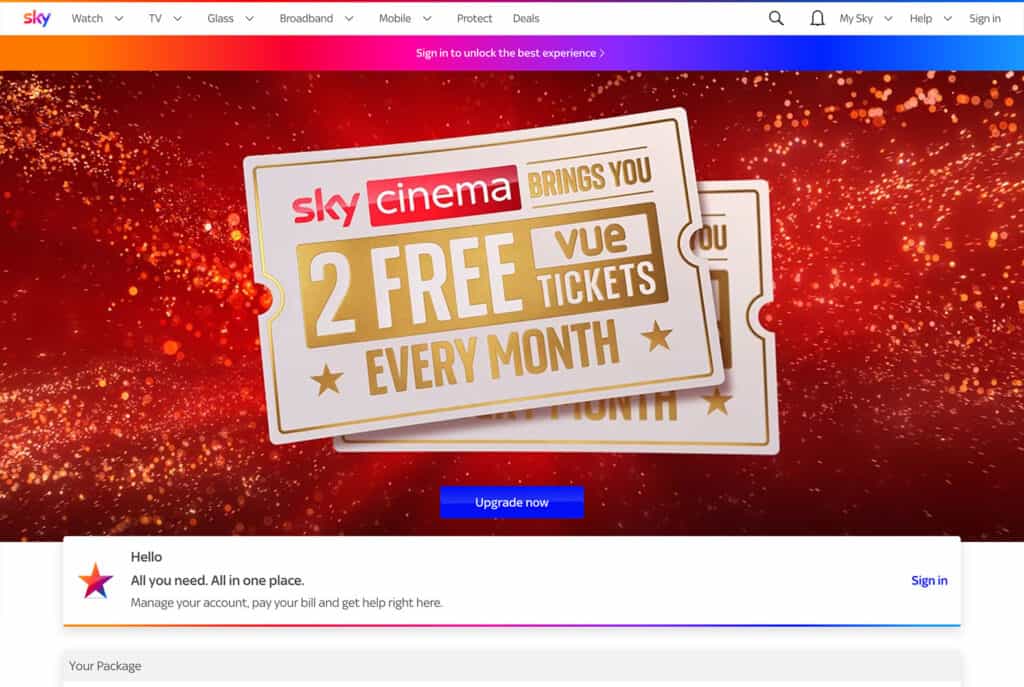 Sky Cinema free tickets offer with two monthly tickets for SKY TV subscribers.
