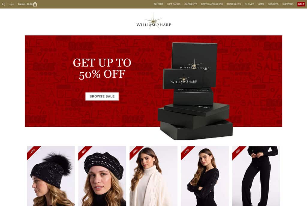 William Sharp sale banner with up to 50% discount on luxury accessories.