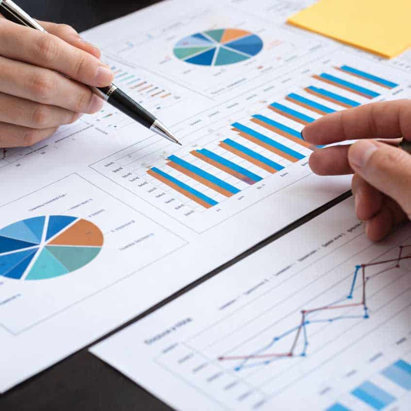 Business strategy analysis with charts and graphs for strategic consulting.