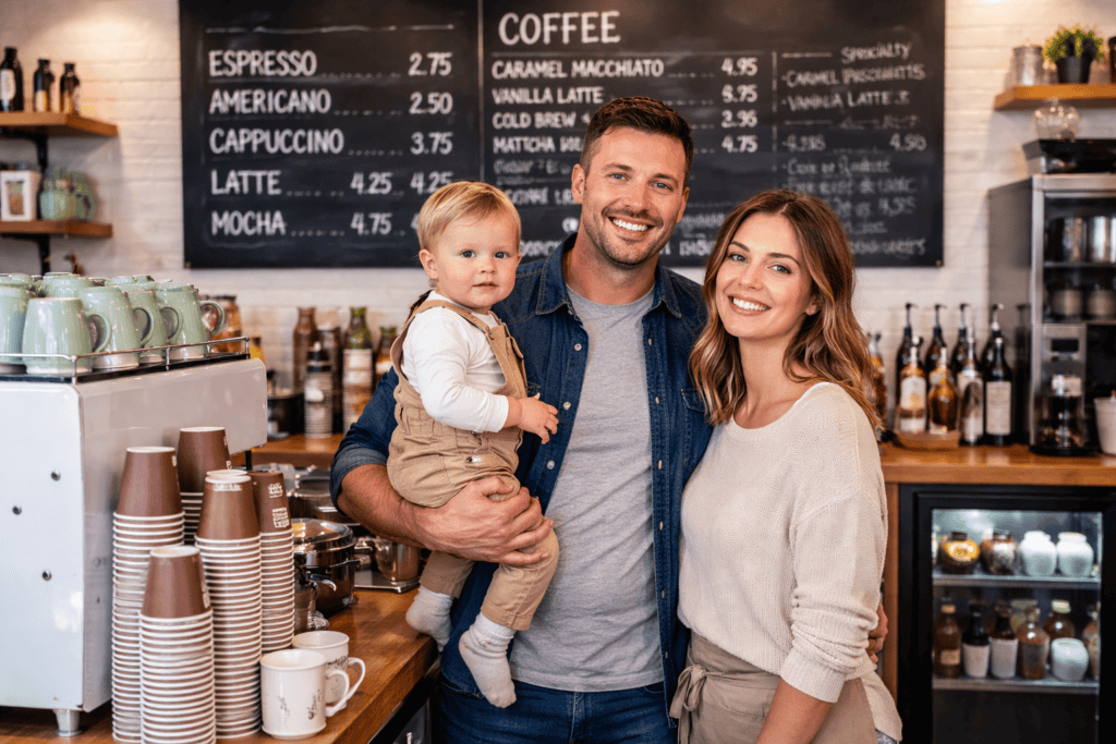 Family enjoying coffee at a Hitchin café, showcasing friendly atmosphere and quality service.